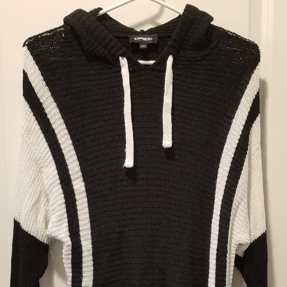 Express Black White Striped Colorblock Hooded Knit Sweater S